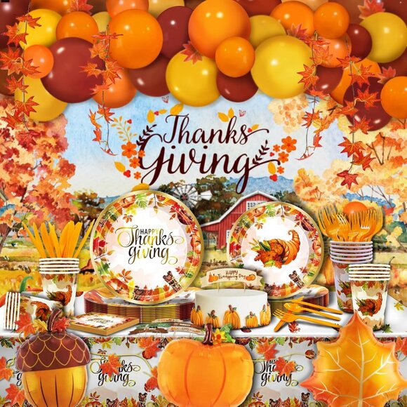 Elegant 252-Piece Thanksgiving Party Decorations Kit with Dinnerware & Balloons